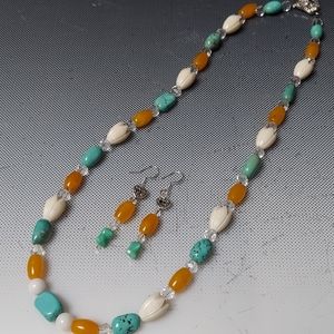Sunset Beach turquoise pikake carnelian necklace with earrings 22in